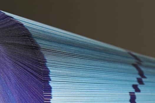 The cutting face of a phone directory with fanned pages.