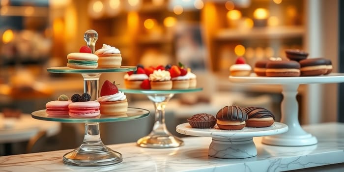Glass display case with cakes in a confectionery store. High quality photo
