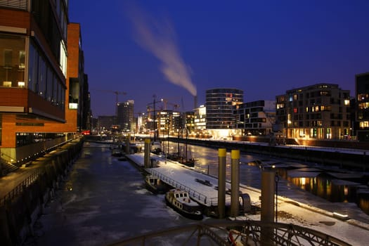 Hamburg Hafencity - Winter evening at Kaiserkai and traditional ship harbour