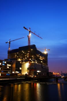 Hamburg Hafencity - Elbphilharmonie construction site on a winter evening