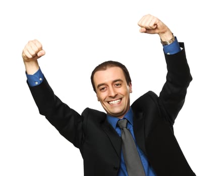 young caucasian businessman succesfull smile with hands up
