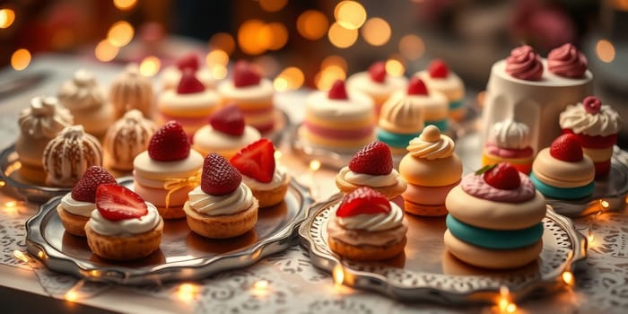 Glass display case with cakes in a confectionery store. High quality photo