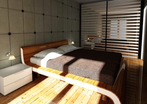 3d image of modern bedroom, with concrete wall, computer generated