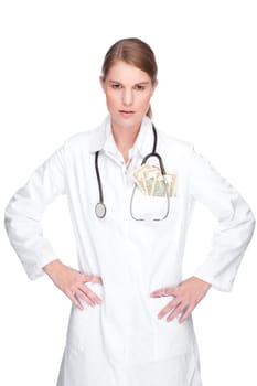 Female doctor with dollar bills