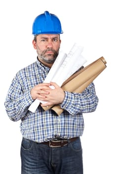 Construction worker holding blueprints
