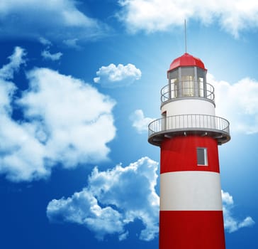 classic red and white lighthouse and cloudy sky