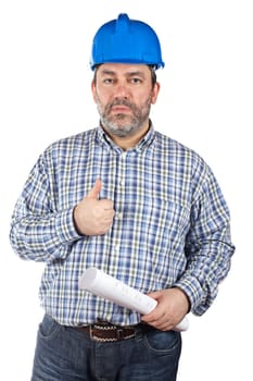 Construction worker holding blueprints