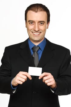 confident businessman and personal card