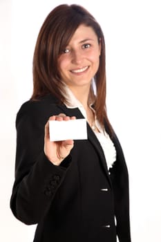 Young woman smiling holding a blank business card