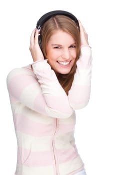 Young woman listens to music