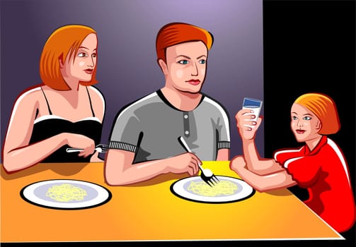 Illustration of family eating food