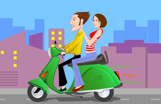 Illustration of man and lady riding