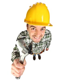 funny young smiling manual worker on white