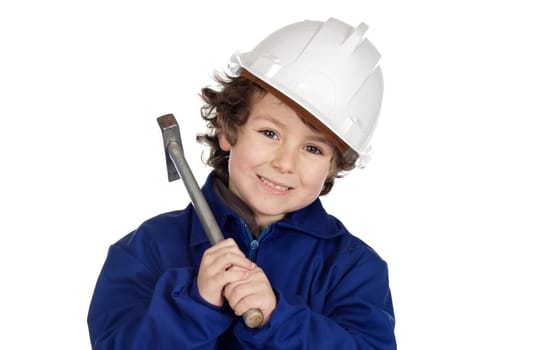 Adorable future worker with a hammer