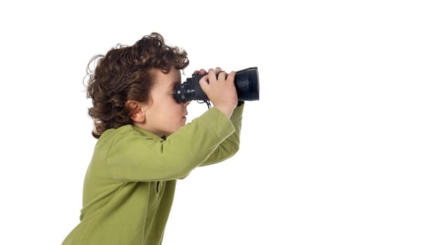 Adorable spy boy with binoculars