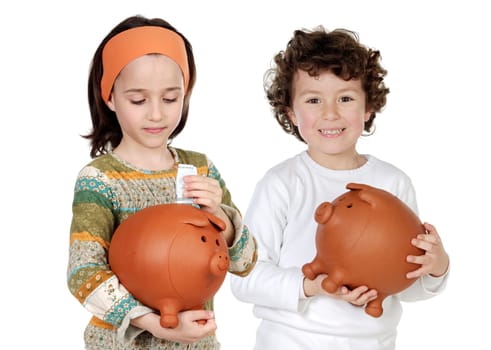 Two happy children with moneybox savings