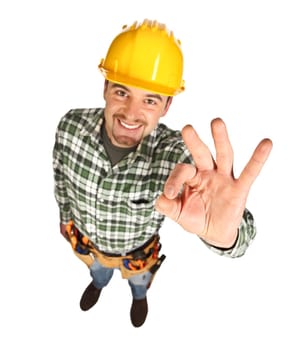 young smiling handyman show positive attitude, isolated on white