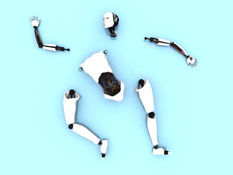 Parts of a female robot on the floor.