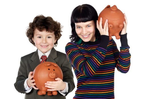 Little boy and pretty girl with moneybox