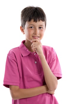 Thoughtful boy with pink clothes