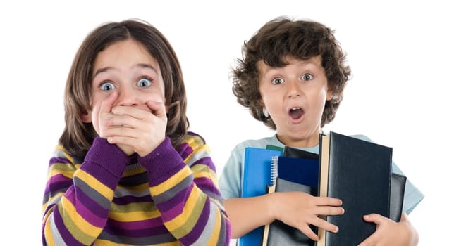 Surprised girl and a boy with many books