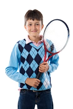 Adorable boy with racket of tennis