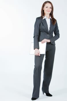 business woman walking with case
