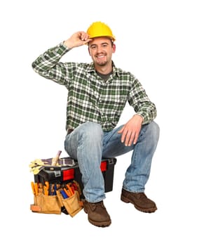 happy worker on toolbox