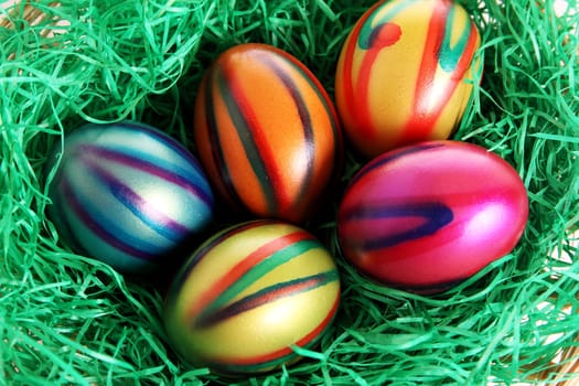 Colorful Easter eggs in the Easter basket