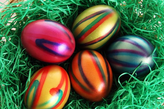 Colorful Easter eggs in the Easter basket