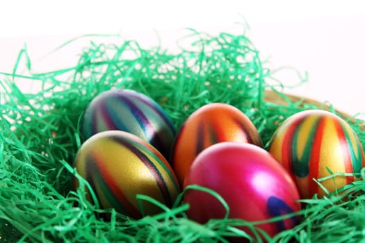 Colorful Easter eggs in the Easter basket