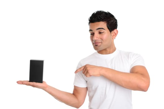 Man looking and pointing to your retail product or other object
