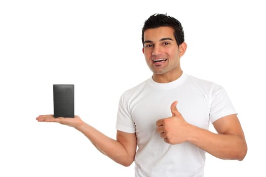 Consumer or salesman with product thumbs up approval