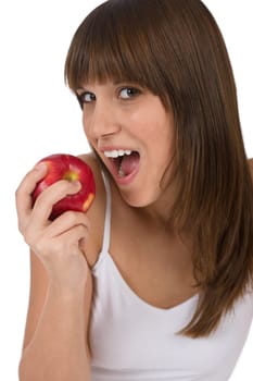 Happy teenager eating healthy apple
