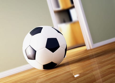 classic soccer ball on wood floor, indoor background
