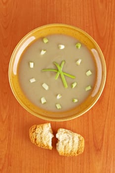 Cream of mushroom soup and bread croutons
