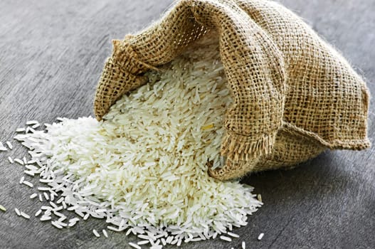 Long grain rice in burlap sack