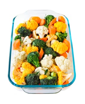 Raw vegetables in baking dish