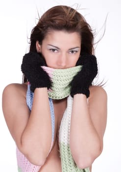 Nude with scarf and gloves