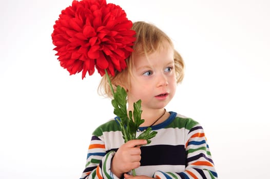 little girl with red flower