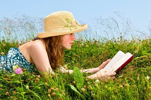 Young girl reading book in meadow