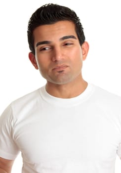 Apprehensive man wincing dilemma problem