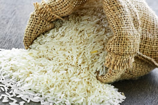 Long grain rice in burlap sack