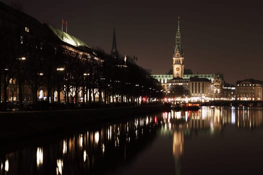 Alster with Hamburg City Hall at night
