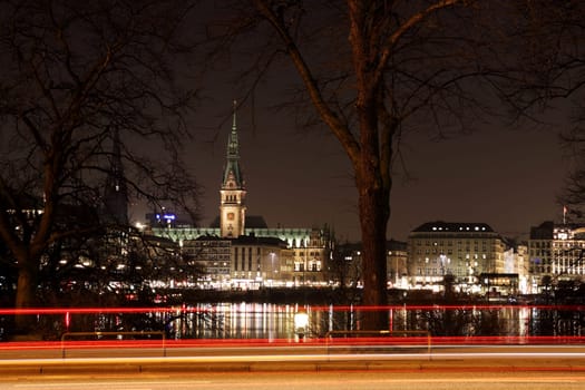 Alster with Hamburg City Hall at night
