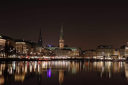 Alster with Hamburg City Hall at night