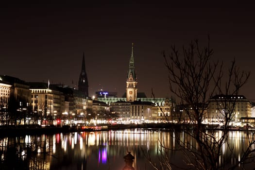 Alster with Hamburg City Hall at night