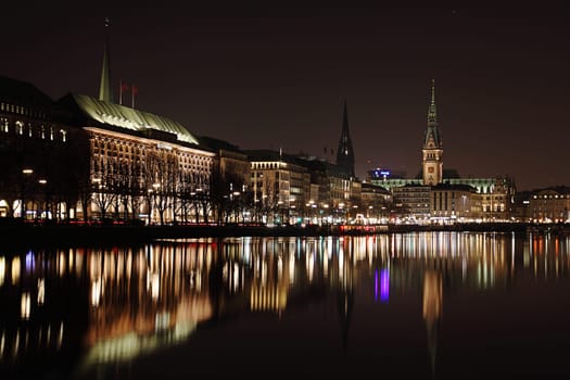 Alster with Hamburg City Hall at night
