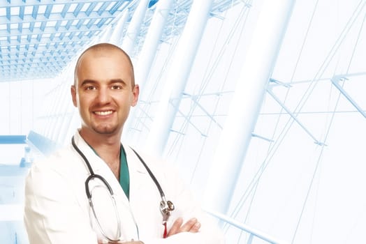 young confident doctor portrait and modern building background
