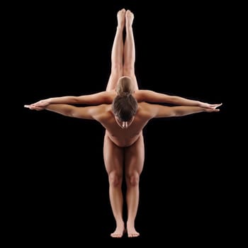 Symmetrical composition of naked dancers, isolated on black